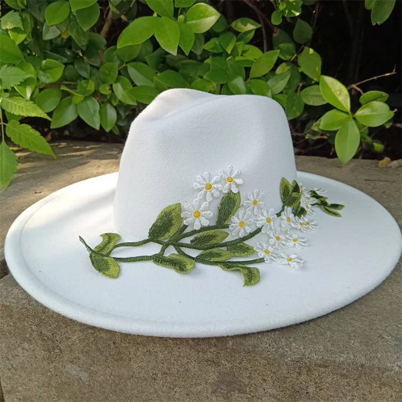 Sombreros de fedora blancos para hombres y mujeres, sombreros de Jazz, sombreros de Fedora de flores bordadas en 3D, venta al por mayor