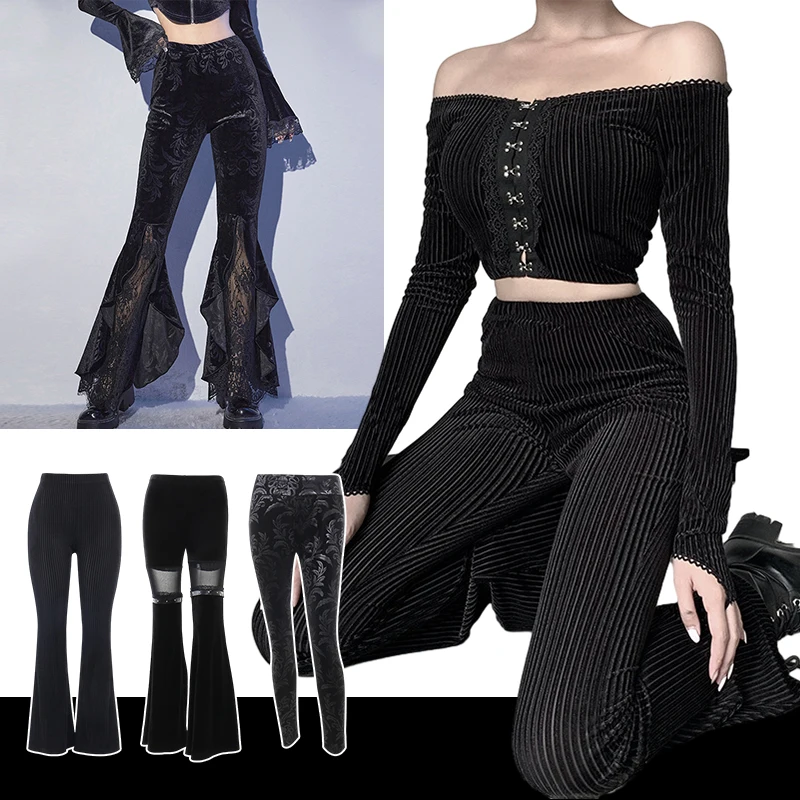 Women Gothic Punk Velvet Flare Pants High Waist Streetwear Vintage Aesthetic Skinny Pants Harajuku Grunge Hippie Trousers