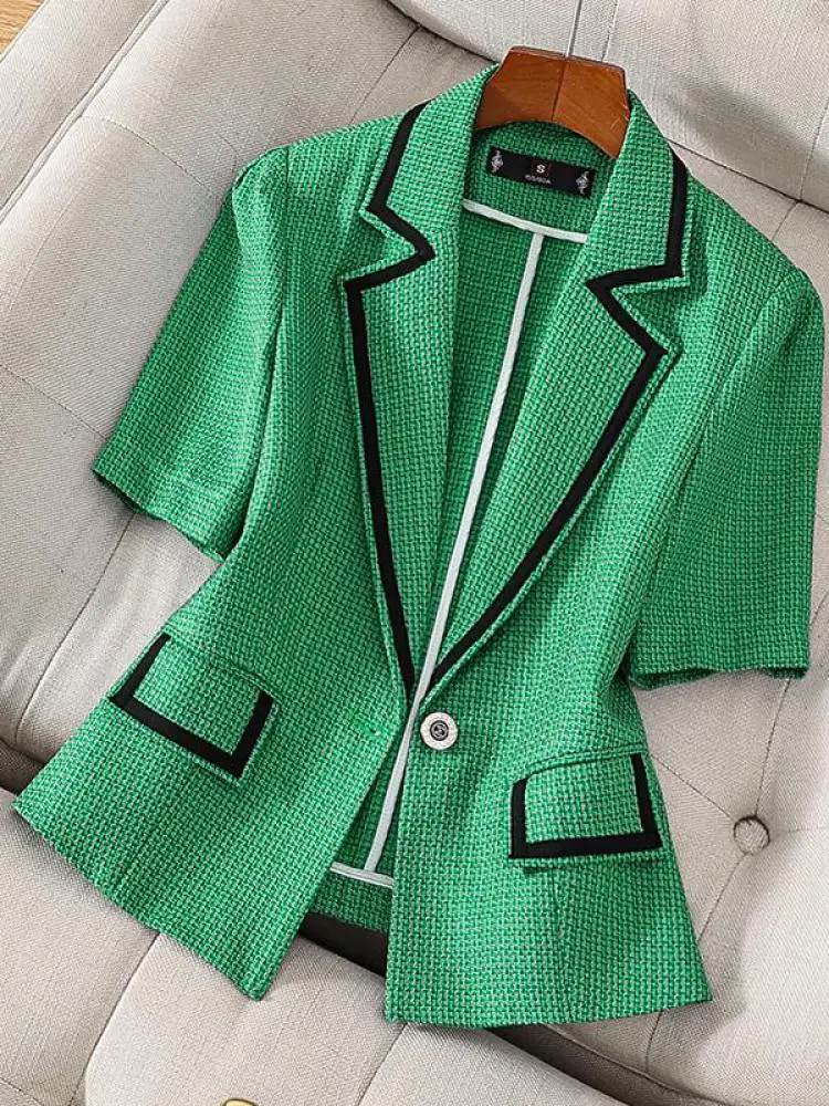 

Корейский женский зеленый, розовый лоскутный профессиональный пиджак на одной пуговице, летние универсальные праздничные топы с короткими рукавами, уличная одежда