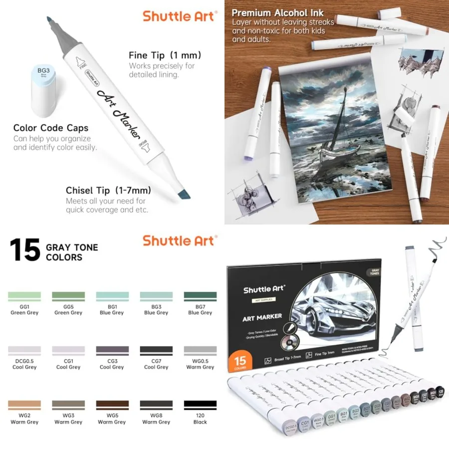 

Shuttle Art 15 Colors Grey Tones Dual Tip Art Marker Pens Alcohol Based Marker Pens Double Ended with Fine and Chisel Point Tip