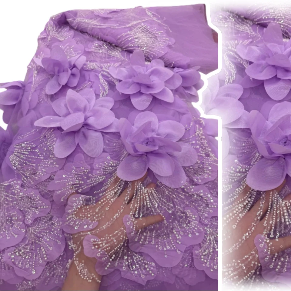 

Белая кружевная ткань с 3D бусинами, 2025 г., высококачественная сетчатая аппликация с 3D цветочным тюлем, кружевная ткань ручной работы для свадьбы TP1747