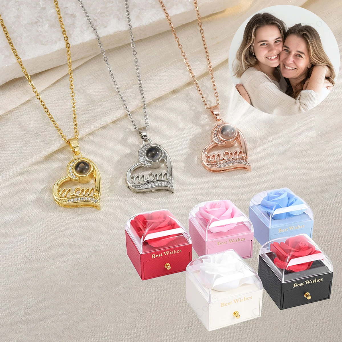 

Custom Color Photo Projection Pendant Necklace With Acrylic Rose Gift Box For Women Mother's Day Gift Personalized Jewelry