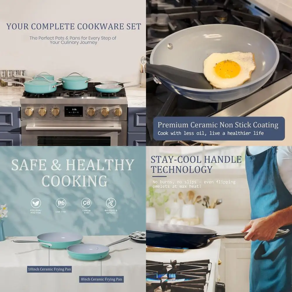 

Керамическая сковорода с антипригарным покрытием на все поверхности, без ПТФЭ/ПФА/ПФА, безопасная для духовки до 500 ° F, эргономичная ручка, карибский синий