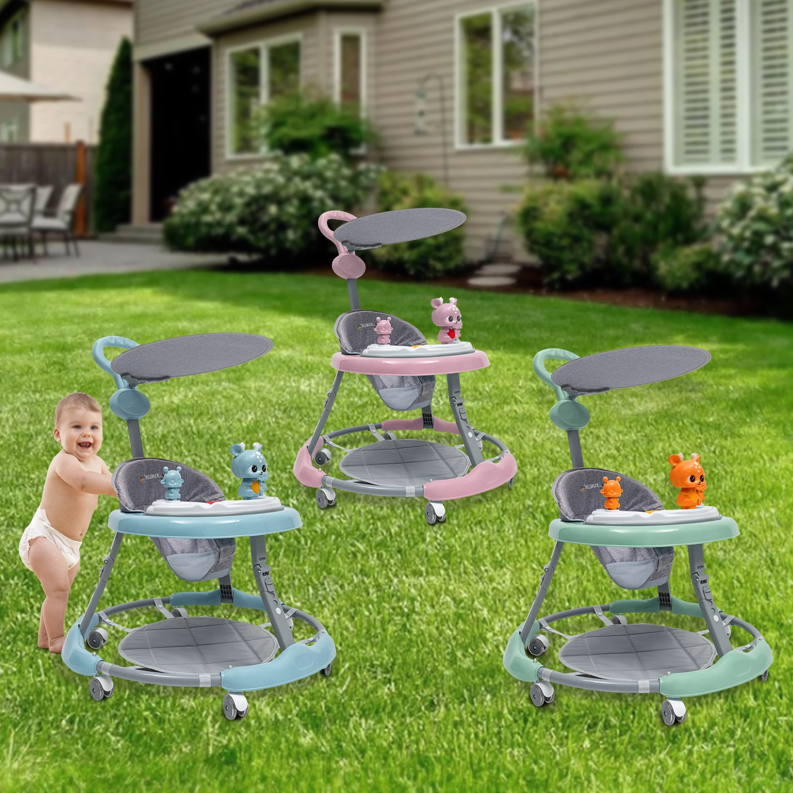 Passeggino rosa/verde con sicurezza e stile 7 regolazioni di altezza, ruote silenziose in PVC, centro musicale giocoso