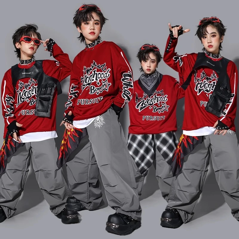 Ragazzi K-pop Felpa Gilet di moda Pantaloni larghi Costumi Hip Hop Cool Streetwear Abiti da ballo jazz Set Abiti da spettacolo teatrale di gruppo