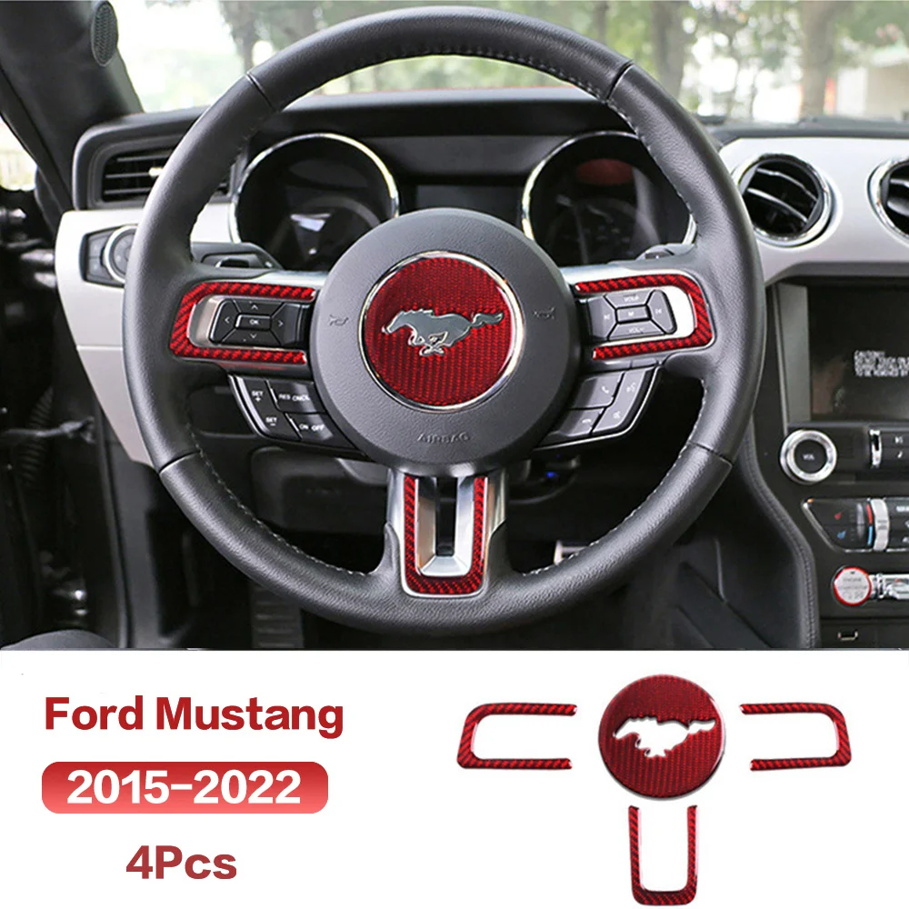 4pcs Carbon Fiber Car Steering Wheel Stickers Interior Trim Accessories For Ford Mustang 2015 2016 2017 2018 2019 2020 2021 2022