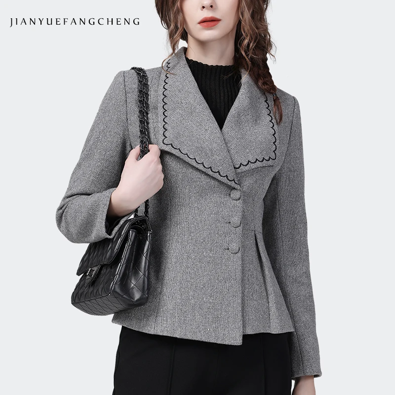 French Style Women Long Sleeve Grey Woolen Blazer Elegant Slim Short Vintage Embroidery Coat Fashion Working Casual Jackets