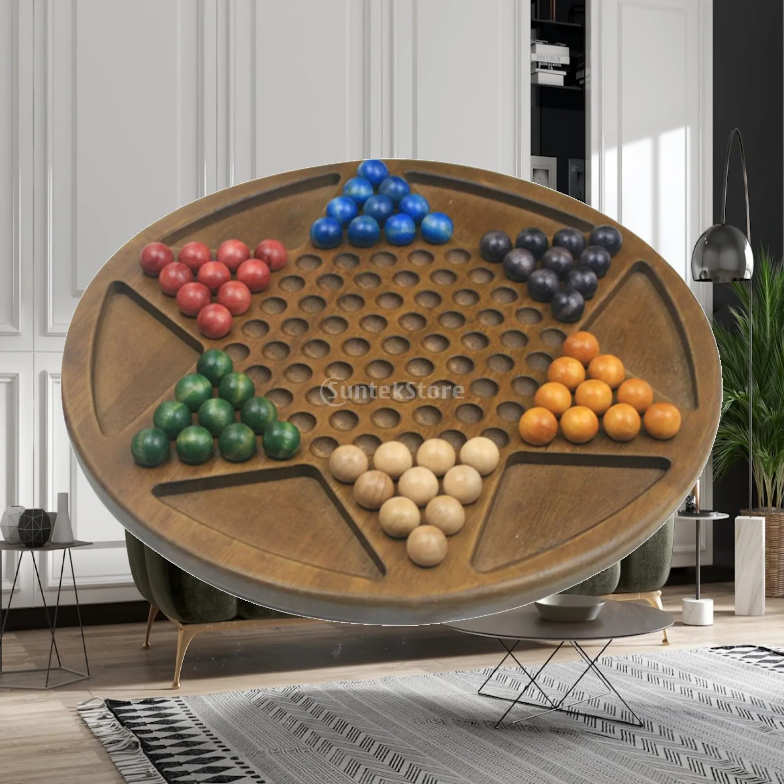 Chinese Checkers Wood Board Game Set 60 Wooden Marbles for Children Age 4-7 Educational Logic Trainer
