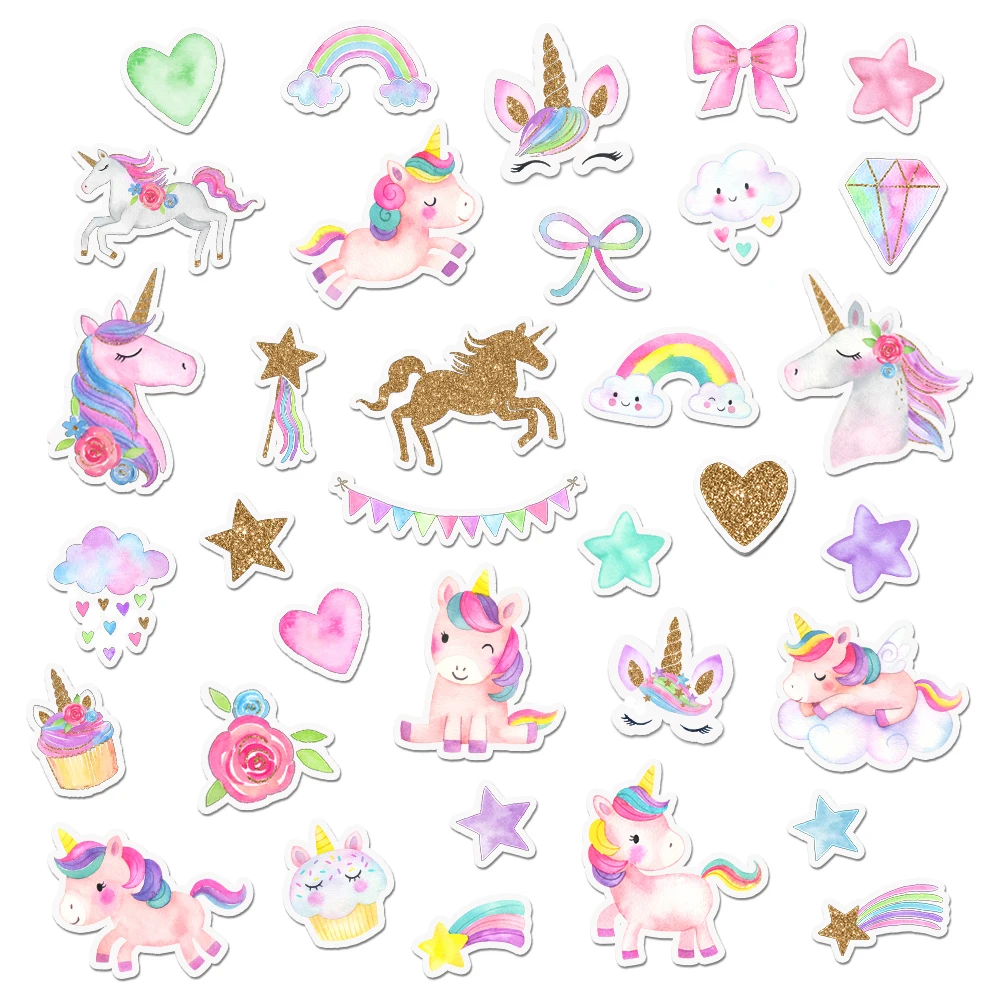 34 Pcs Magical Rainbow Unicorn Sticker Pack for Girls, Colorful Decal Set for Scrapbooking, Journal, Planner, Party Favor Gift