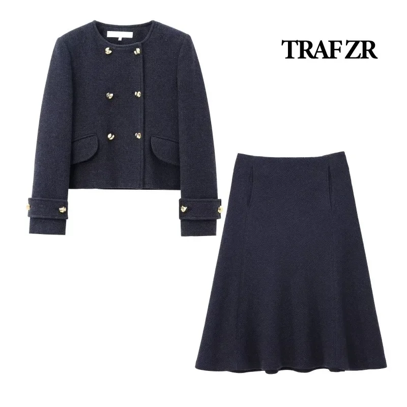 TRAF ZR Skirts Set Woman Two Pieces Casual Elegant Long Sleeve Sets Basics England Style Y2k Outfit Set Autumn Woman Sets