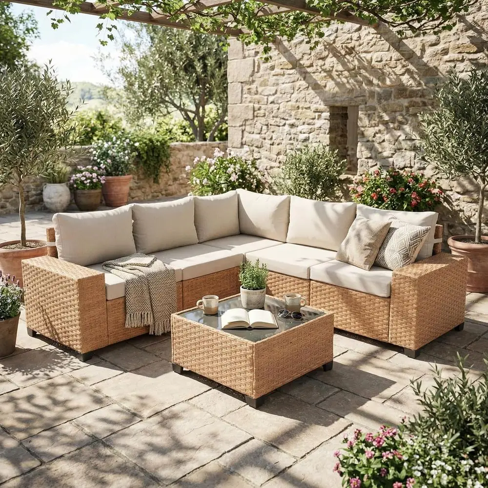 

6-Piece Patio urniture Set, Outdoor Wicker ular Sectional Soa with 7.7-inch Wide Armrests & Thick Comy Cushions, Glass Top Coee