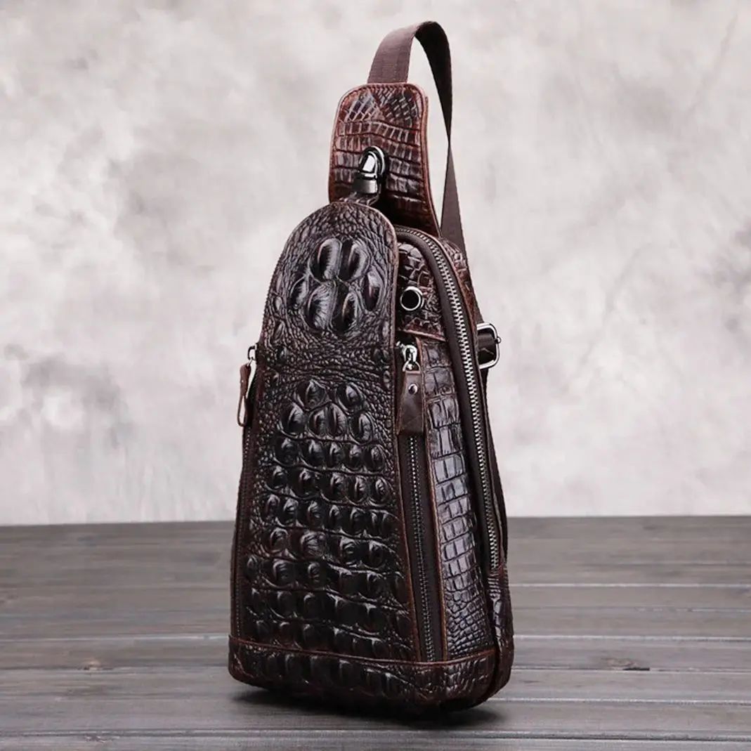 Men Sling Backpack Cross body Chest Bag Genuine Leather Crocodile Pattern Real Cowhide Travel Retro Male Messenger Shoulder Bag