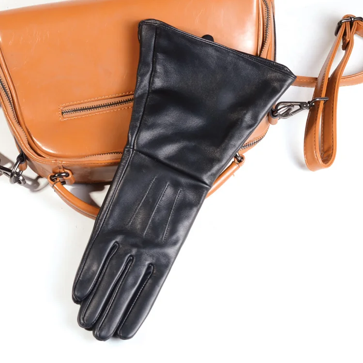 35cm Women's Black Sheepskin Real Leather Retro Medieval Renaissance Long Cuff Gauntlet Gloves