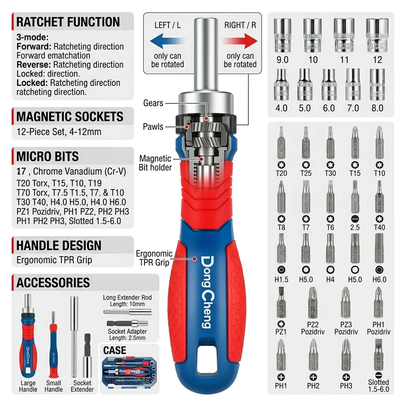 55-Pc Universal Bit & Socket Repair Set, CR-V Heat-Treated with Reversible Ratchet Handle, 1/4″ for Auto, Bike & Home Repair