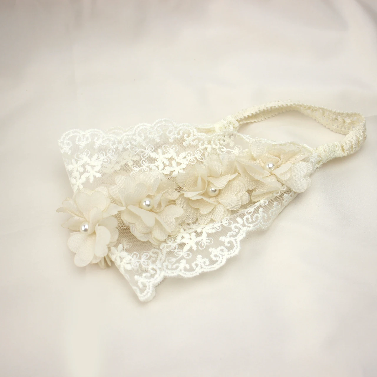 Baby Lace Pearl Headband Beige Chiffon Flower Hollow Printed Elastic Headbands Little Princess Hair Accessories Kids Headwear