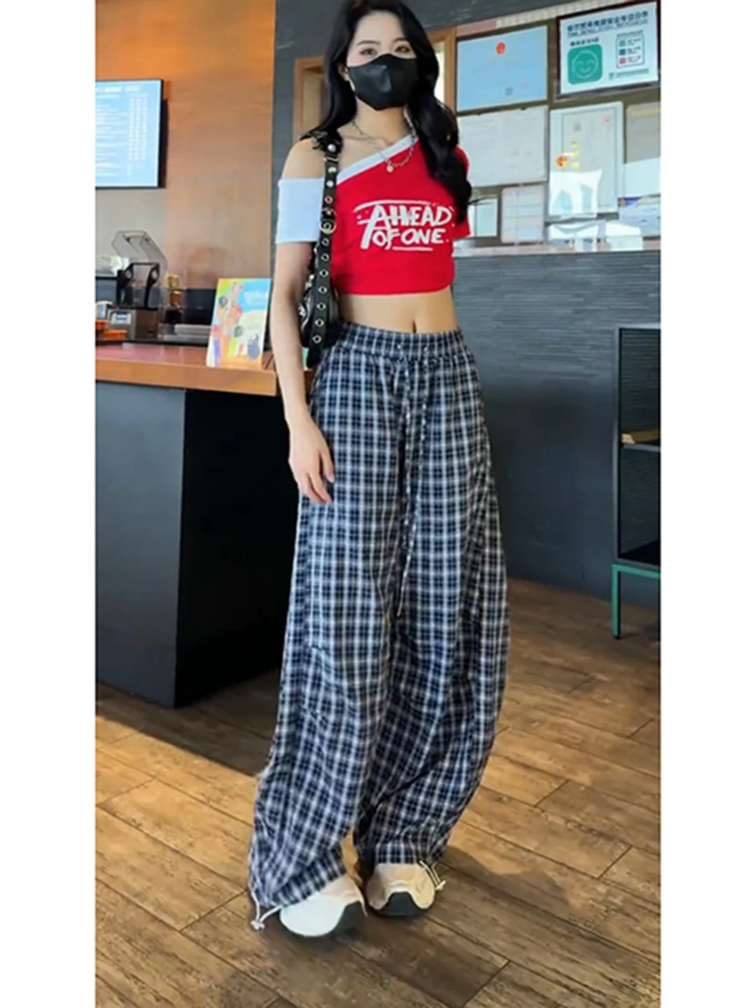 

Летние тонкие широкие брюки для женщин, свободные драпированные брюки в корейском стиле, модные клетчатые брюки, повседневные брюки