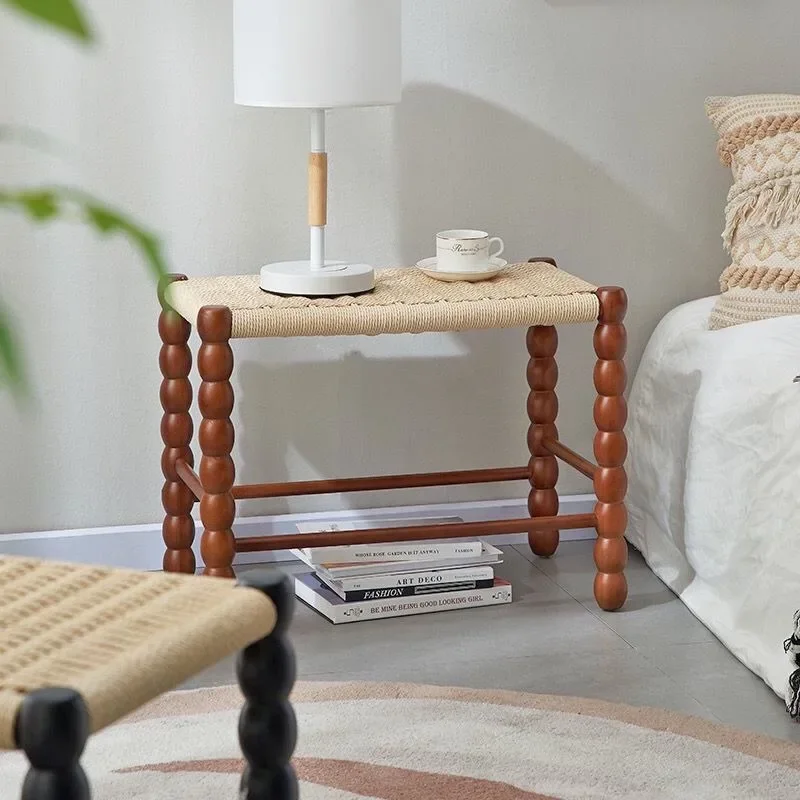 Middle ancient Retro rope chair for bedside dining makeup dressing foot wood rattan shoe changing stool home decor furniture