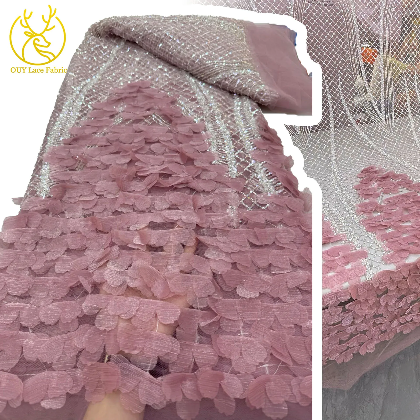 

3D African Bead Lace Fabric, French Sequin Embroidery Bead Decoration Chiffon Lace Fabric Used For Women's Party Evening Dresses
