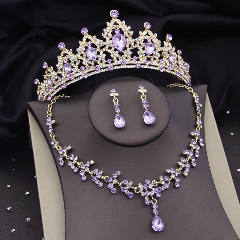 Gorgeous Purple Crystal Bridal Jewelry Sets for Women Tiaras Crown Bride Earrings Necklace Wedding Jewelry Set Fashion