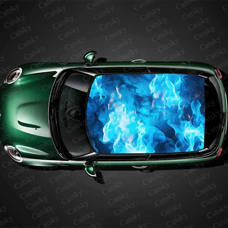 Blue Flame Art Car Roof Sticker Wrap Racing SUV Accessories Packaging Painted PVC Custom Car Graphic Decal