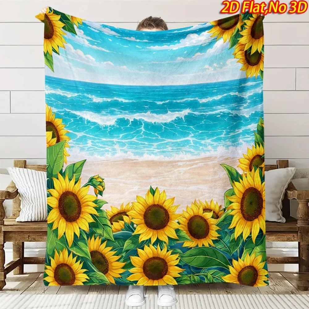 1pc 2D Flat Printing Spring And Summer New Arrival Comfortable Sunny Beach Sunflower Scenery Flannel Blanket, 100% Fiber HD Digi