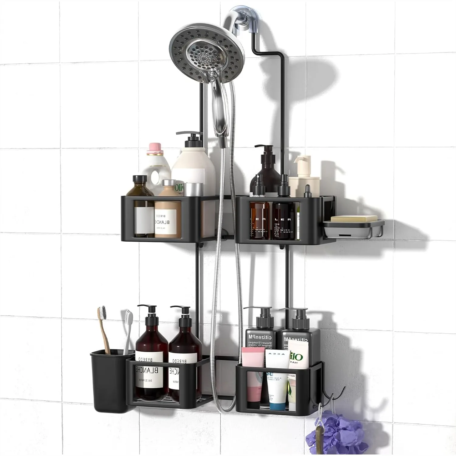 

Overhead Shower Caddy for Handheld Showerheads, Anti-Swing with Removable Hooks & Holders for Razor, Sponge, Soap, Toothbrush
