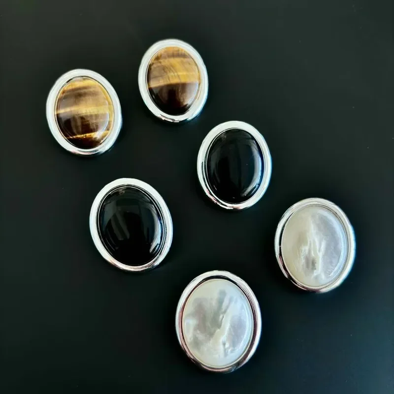 European and American fashion silver needle earrings oval tiger's eye stone black agate natural mother shell light luxury