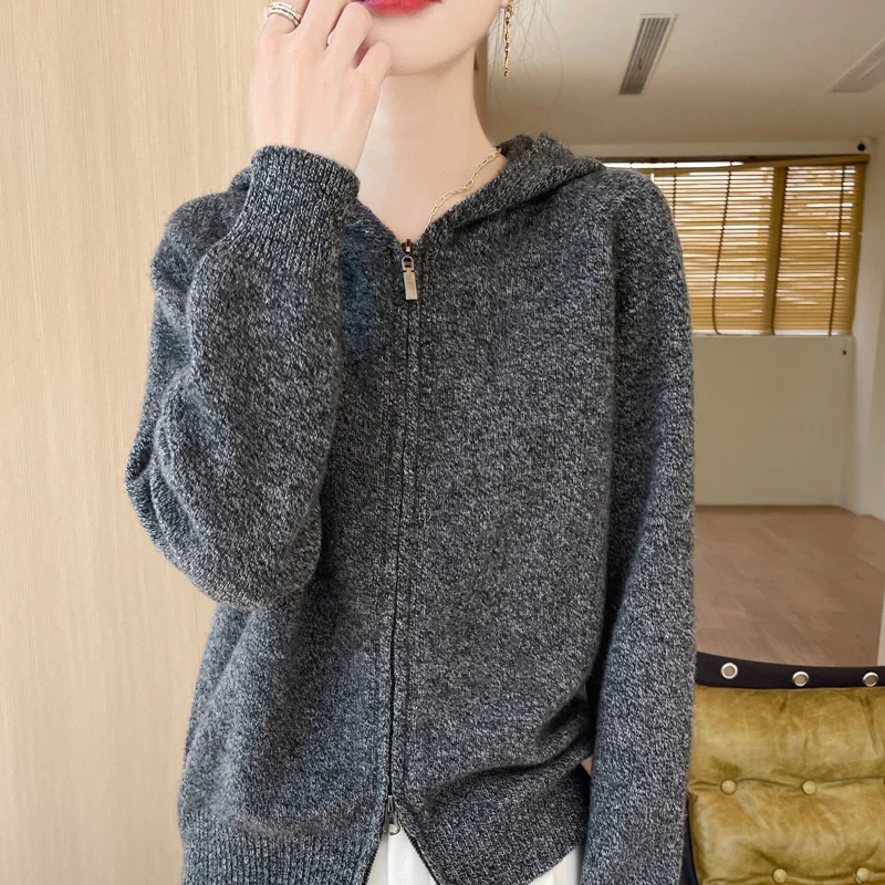 

Basic Fashion 100% Merino Wool Solid Color Hooded Zipper Knitted Cardigan Cashmere Slimming Soft Long Sleeves Warm Clothing Top