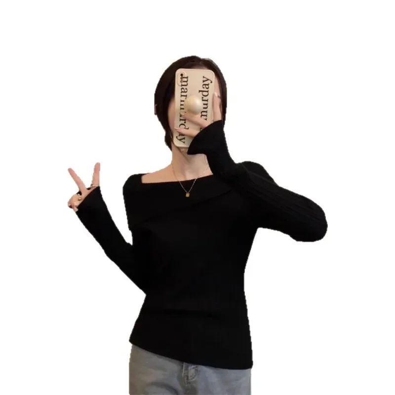 Women Jumpers Office Fashion New Solid Sexy Slim Off Shoulder Slash Neck Long Sleeve Knitting Sweater