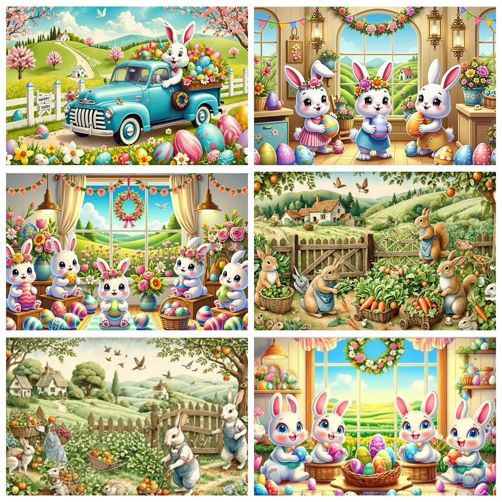 

Easter Bunny Backdrop Retro Blue Truck Eggs Colorful Flowers Carrot Children Easter Party Decorate Photography Background Banner