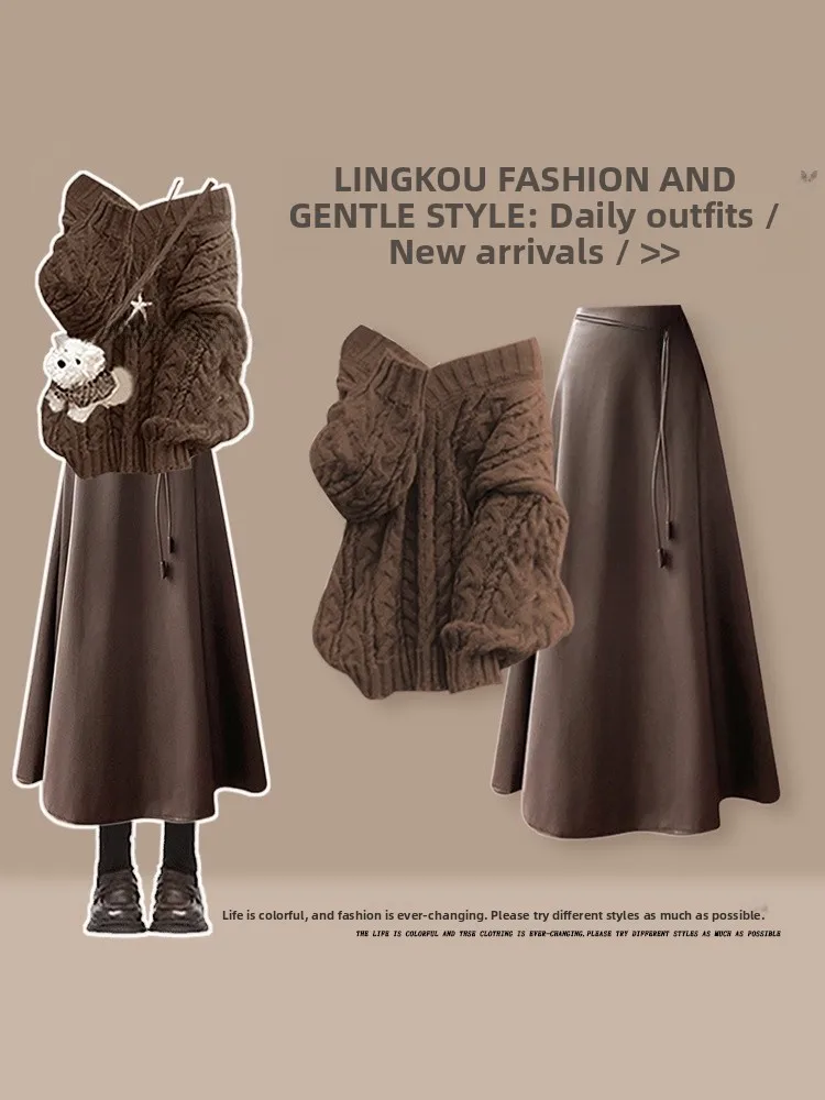 

Large Size Autumn Winter Casual Knitted Sweater And High Waist Skirt Two Piece Set for Women Anti Aging Loose Fit Contra...