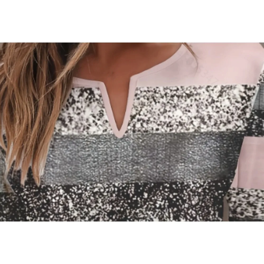 Nueva camiseta de manga larga a rayas con cuello en V para mujer de talla grande, camiseta de manga larga con estampado en forma de corazón y cuello en V a la moda