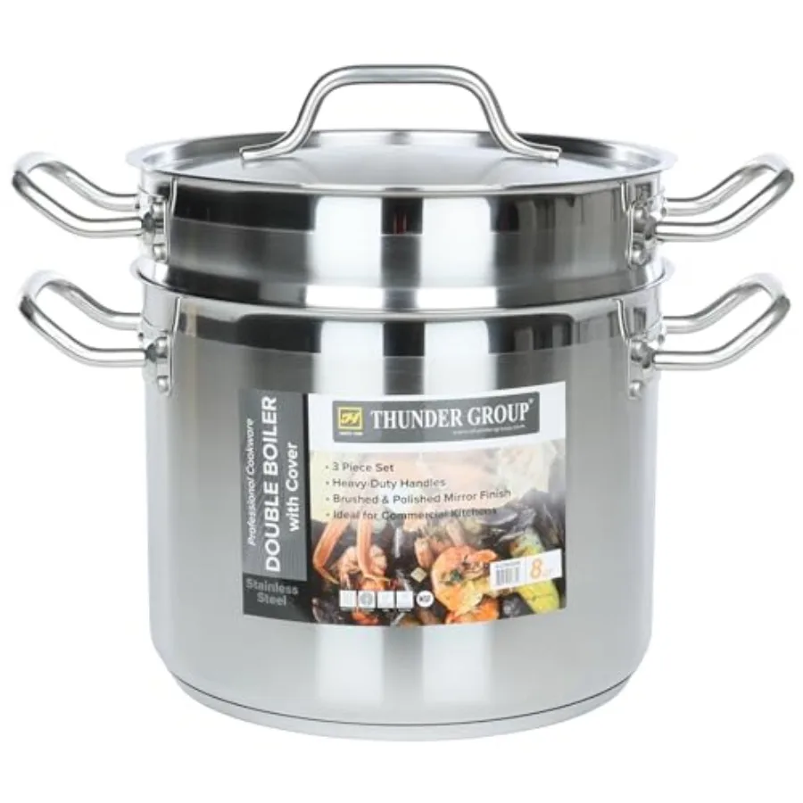 Juego de ollas dobles de 3 piezas y 8 cuartos de galón para restaurante o cafetería, de acero inoxidable plateado con base encapsulada para cocinas de inducción/gas/eléctricas