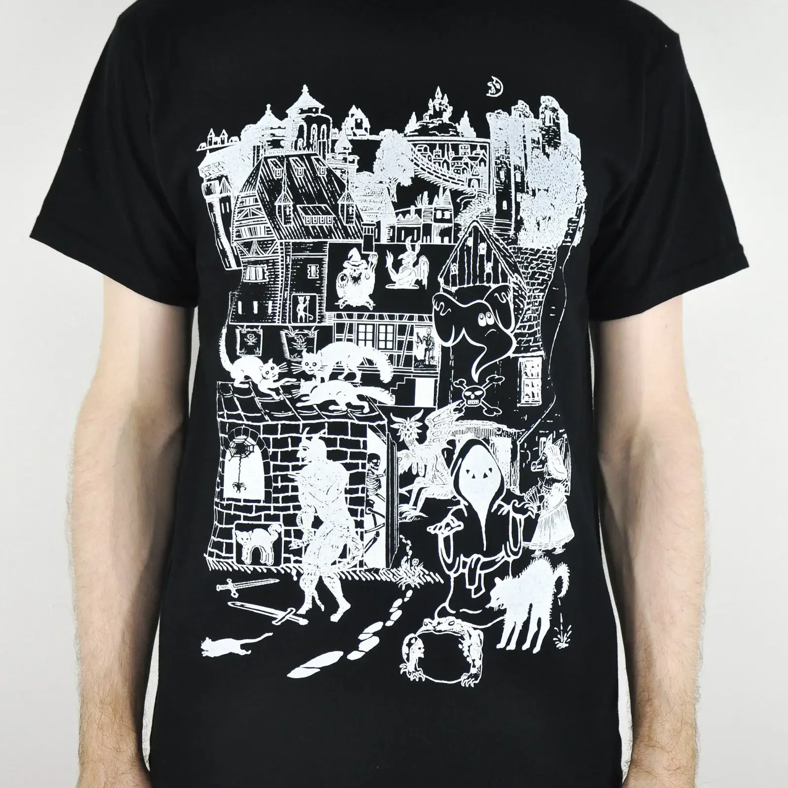 The Haunted Village Collage T Shirt BLACK vintage Washed Stylish Top For Everyday Wear Casual homme Slightly streetwear Unisex