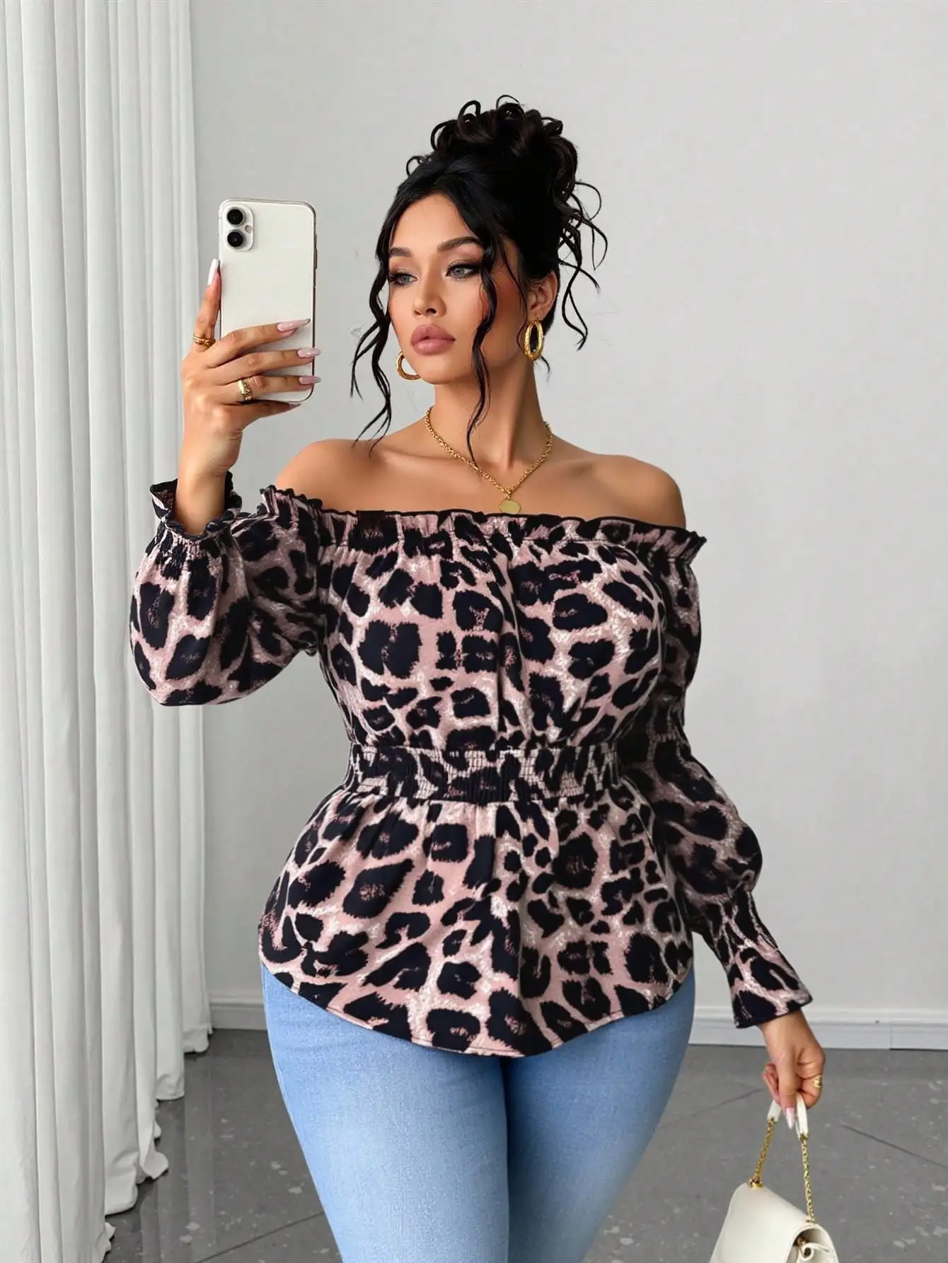 Plus Size Women Leopard Print Ruffled Off-Shoulder Long Sleeve Fashionable Blouse, Spring & Summer Peplum Top