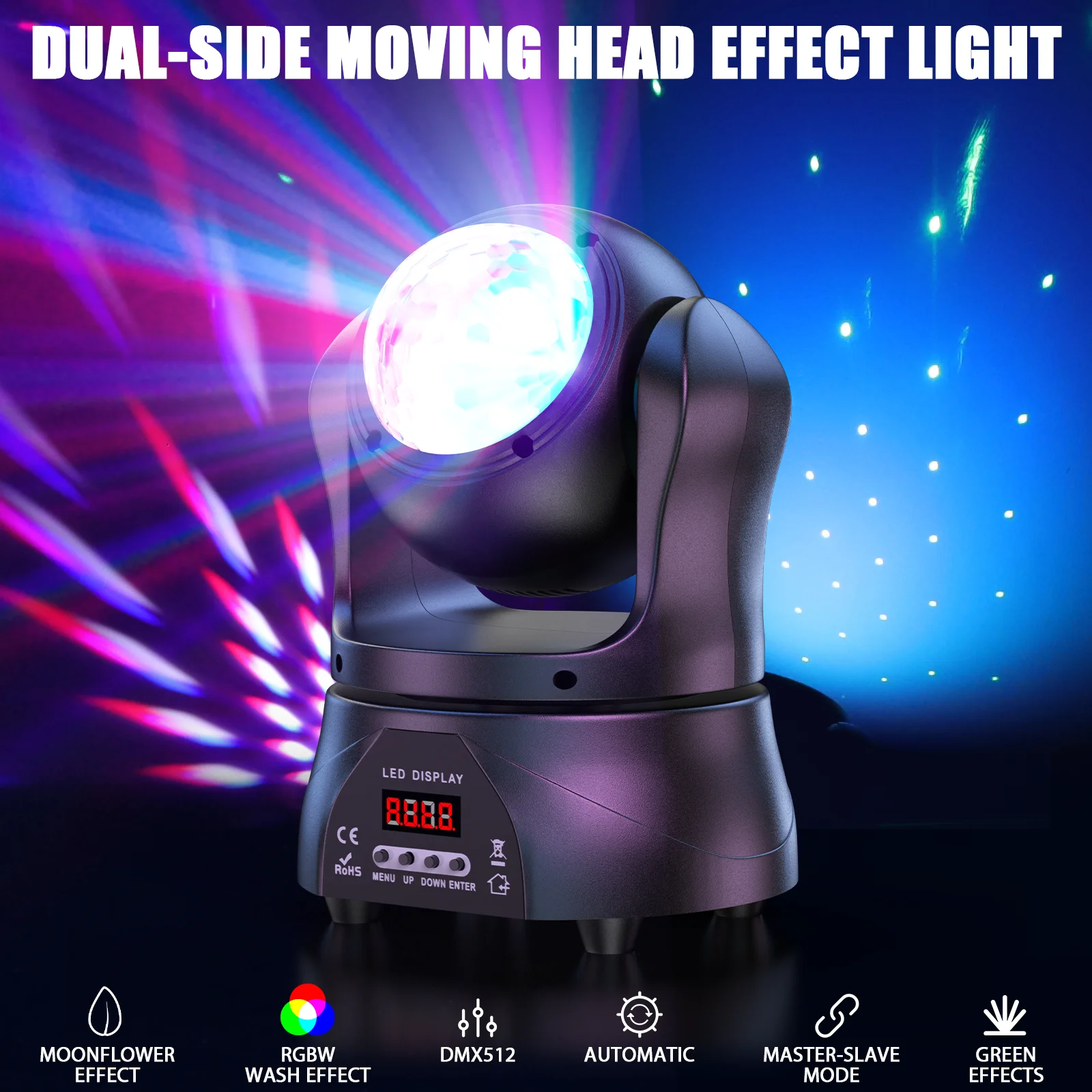 DayFlicker 30W Double-sided RGBW 4 in 1 Lamp Beads Mini Moving Head Light DMX512 Voice Control 15 CH For DJ KTV Party Banquet