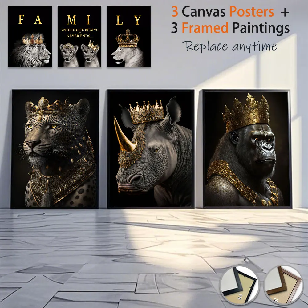 

Buy Three Get Three Free, 12*16in Canvas Poster Black Gold Animal Polished Plexiglass Frame, Modern Wall Art for Home Room Decor