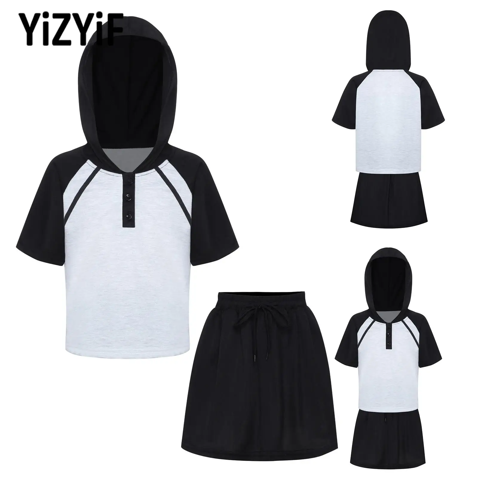 

2025 Tennis Clothes Set for Kids Girls Fashion Color Block Athletic Outfit Short Sleeve Hooded Top+Skirt for Gym Sports Workout