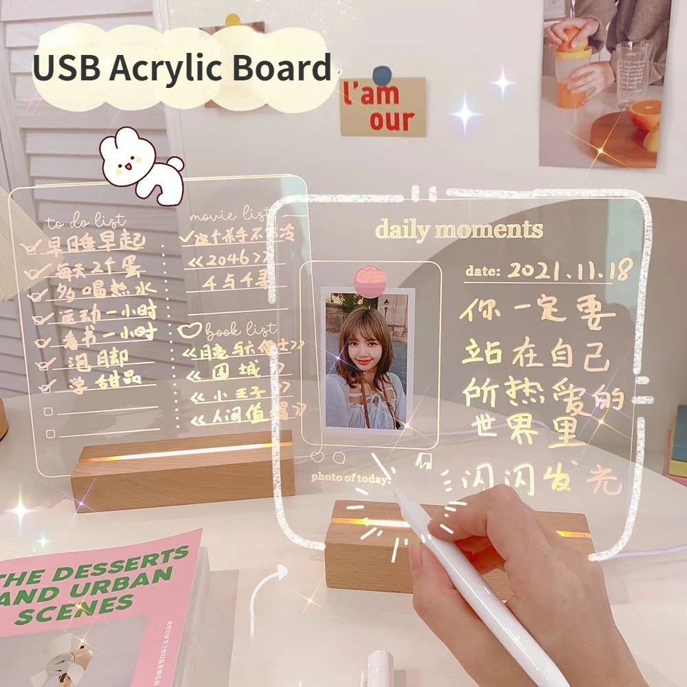 

Erasable Transparent USB Acrylic Daily Moments Card Photo Memo Message Board with Wood Stand Holder Lamp Set School Stationery