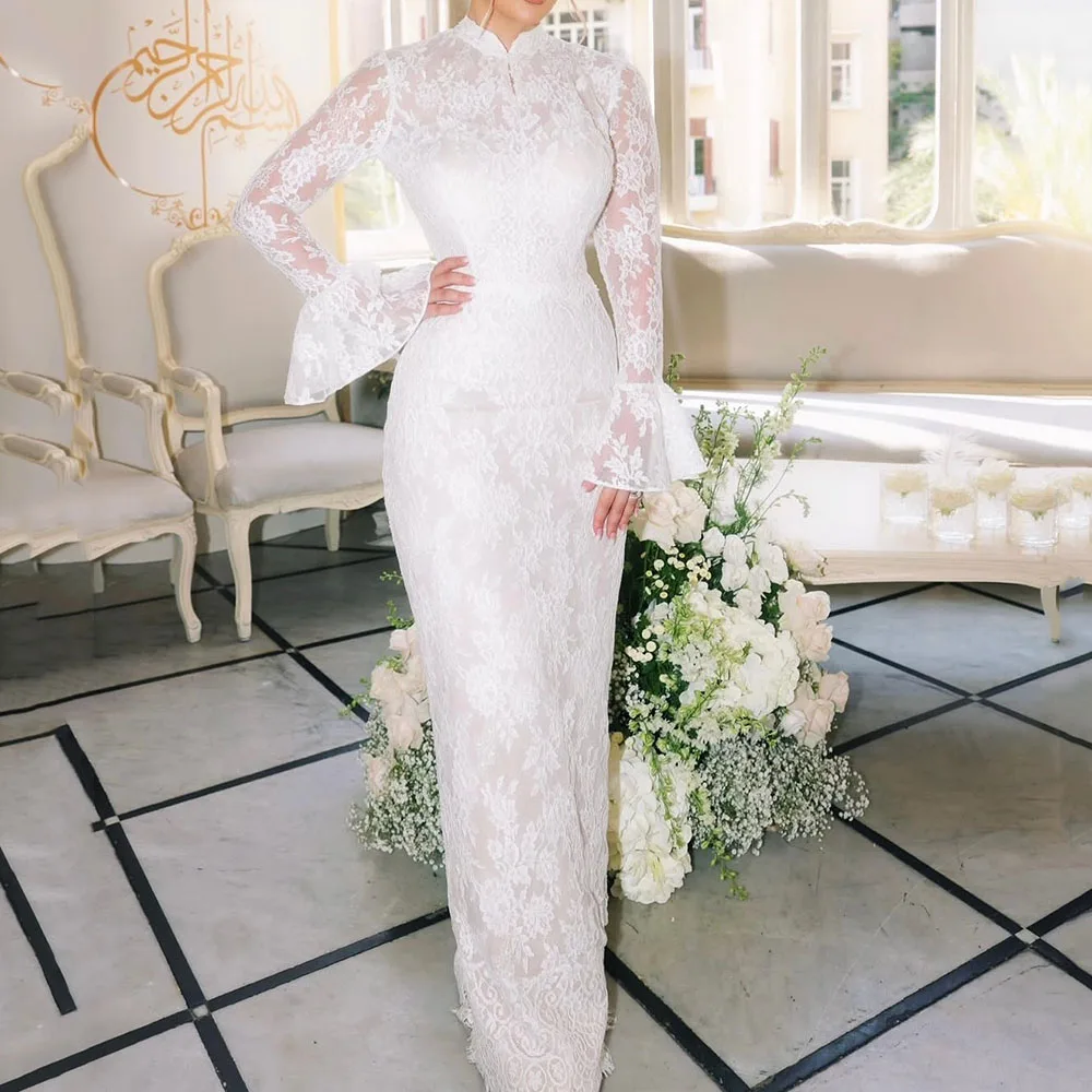 

Customized Straight Evening Dresses Floor-length High-neck Full Sleeve Prom Gown Simple Fashion Lace Ruffles Draped Party Gown