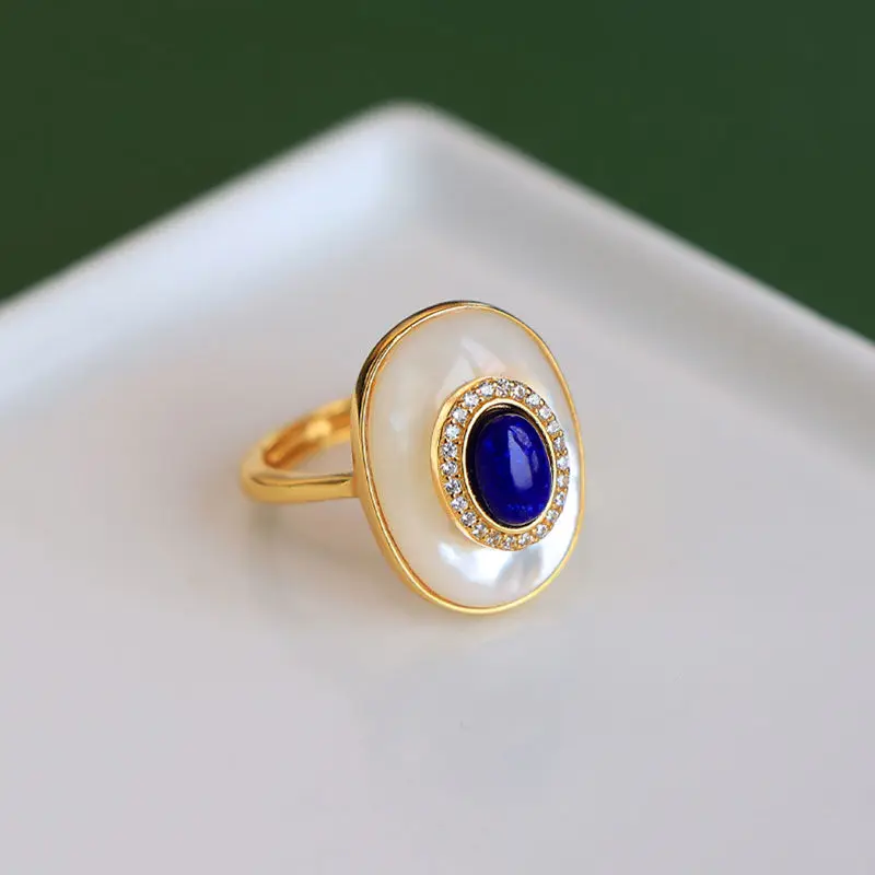 Vintage lapis lazuli engagement ring adjustable white fritillaria oval rings for women high-end classic Light luxury jewelry