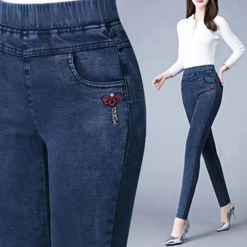 2023 New Autumn and Winter Fashion Trend Elastic High Waist Panel Pocket Oversize Skinny Casual Versatile Women\'s Feet Jeans
