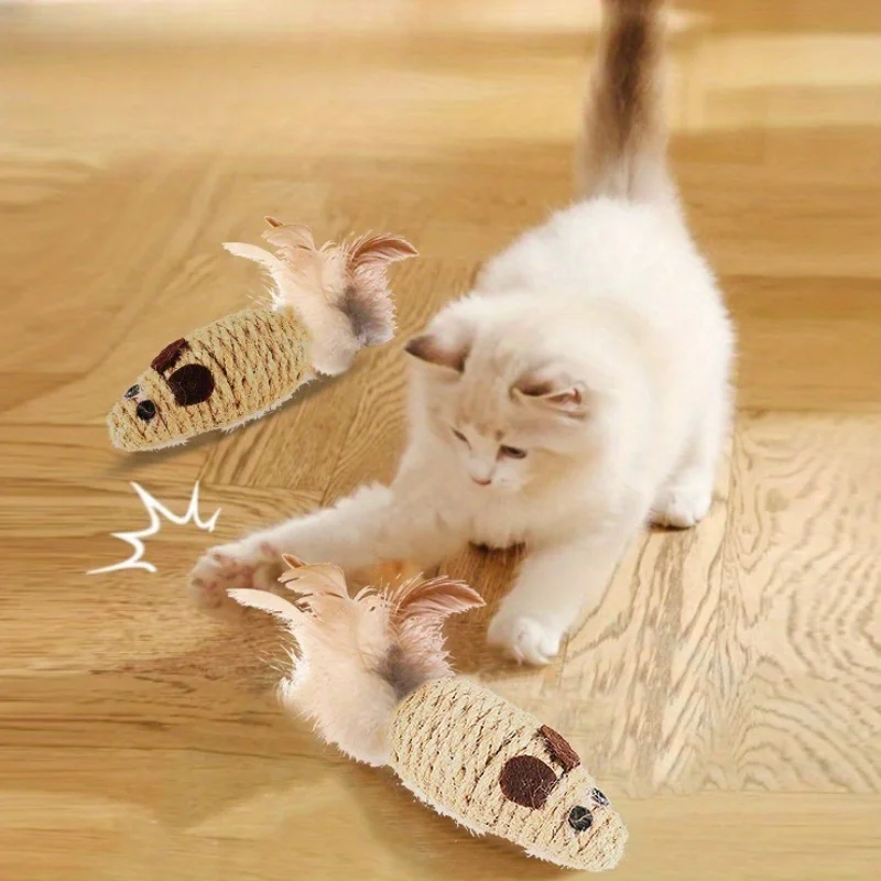

4pcs Sisal False Mouse Cat Toy Bite Resistance Stuffed Toy Interactive Cat Toy Simulation Mice Kitten Self-Playing Plush Toys