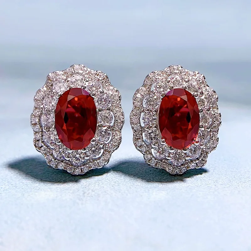 PANSYSEN Vintage 925 Sterling Silver 6*9MM Oval Ruby High Carbon Diamond Ear Stud Earrings for Women Wedding Party Fine Jewelry