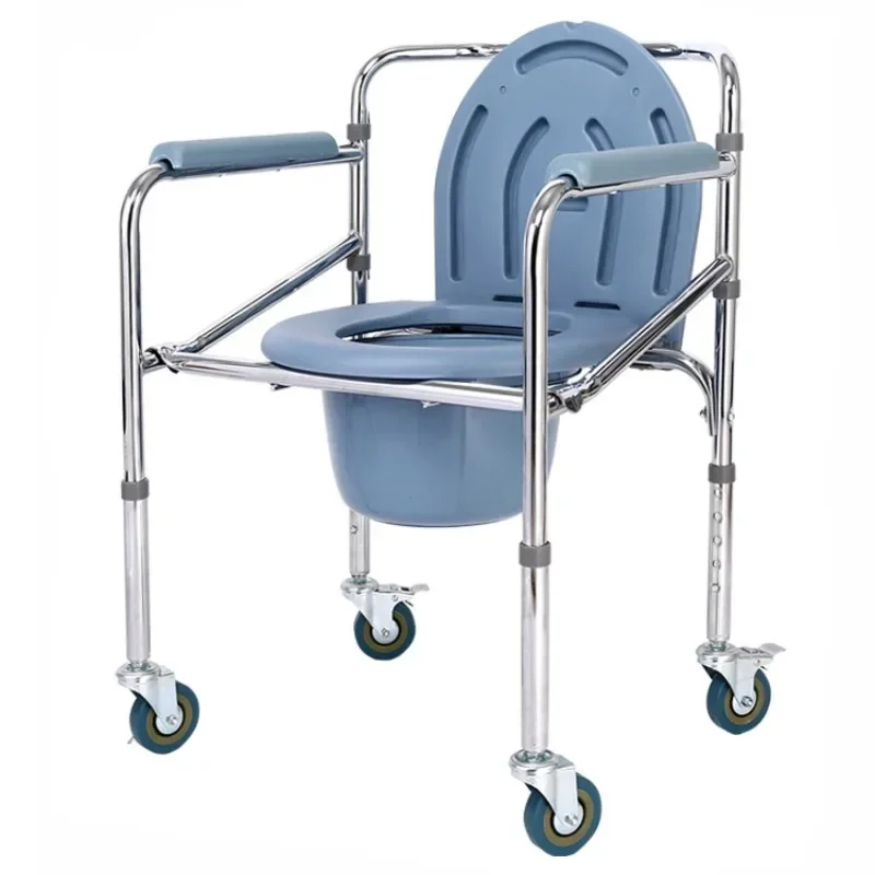 High Quality Stainless Steel Wheeled Toilet Chair Foldable and Height Adjustable for Bathroom Safety Equipment