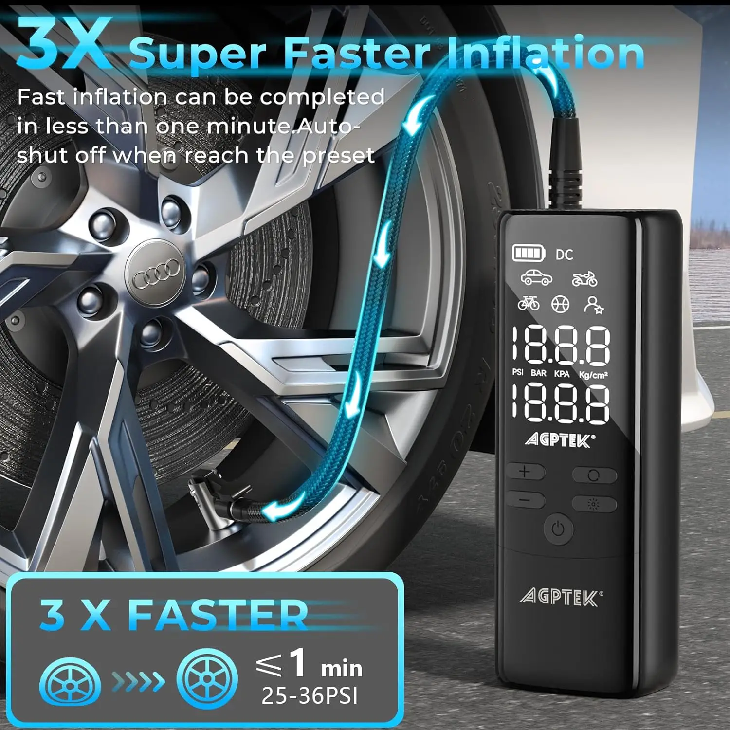 Portable Tire Inflator 150PSI Electric Air Pump with LCD & LED Light for Cars, Bikes, Motorcycles, Balls