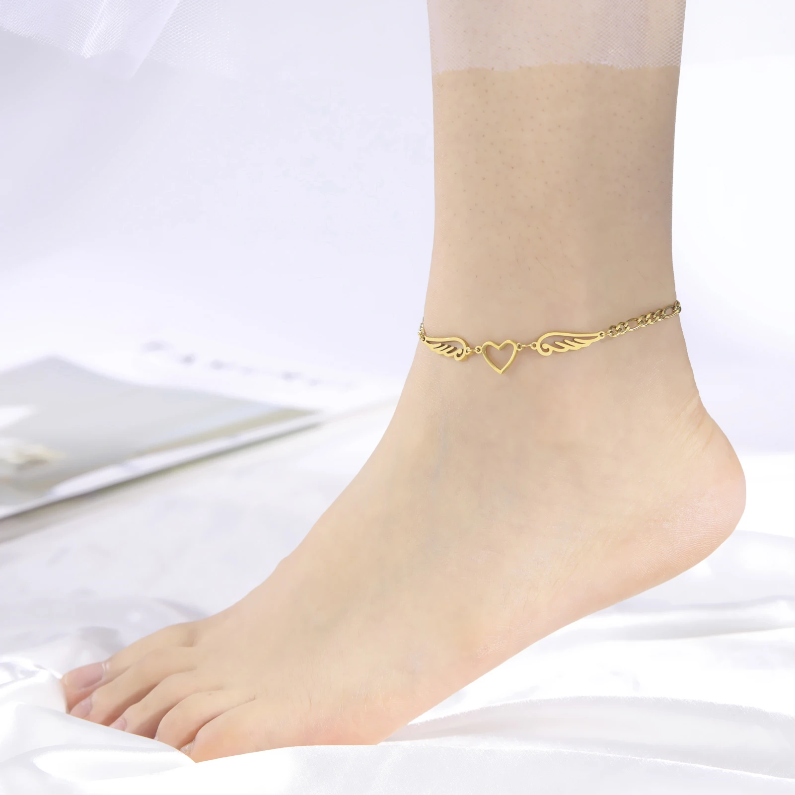 COOLTIME Herz Engelsflügel Armbänder für Frauen Edelstahl Goldene Farbe Hand Fußkette Charm Schmuck Geschenk – Detail 11