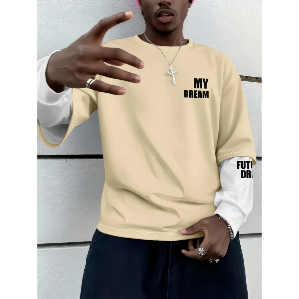 

Summer New American Retro Y2K Fake Two-piece Checkered Splicing Long Sleeved T-shirt Men's Loose and Versatile Casual Top