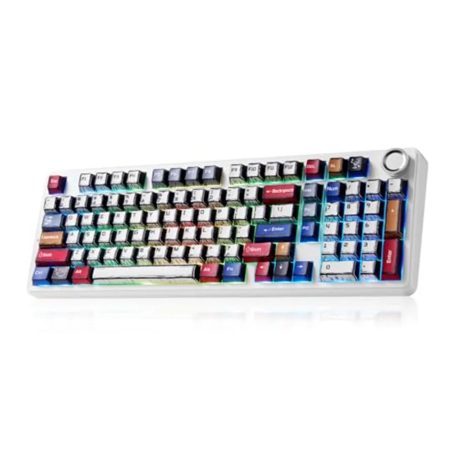 

Беспроводная игровая клавиатура для настольных ПК с кремовыми PBT-клавишами, RGB-подсветкой, механическими переключателями с возможностью горячей замены и трехрежимным подключением.