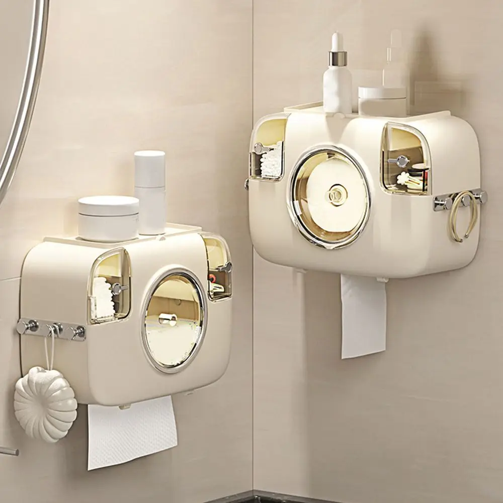 

Plastic Toilet Paper Holder Wall Mounted Waterproof Disposable Washcloth Box with Hooks Punch-Free Paper Extraction Box Bathroom